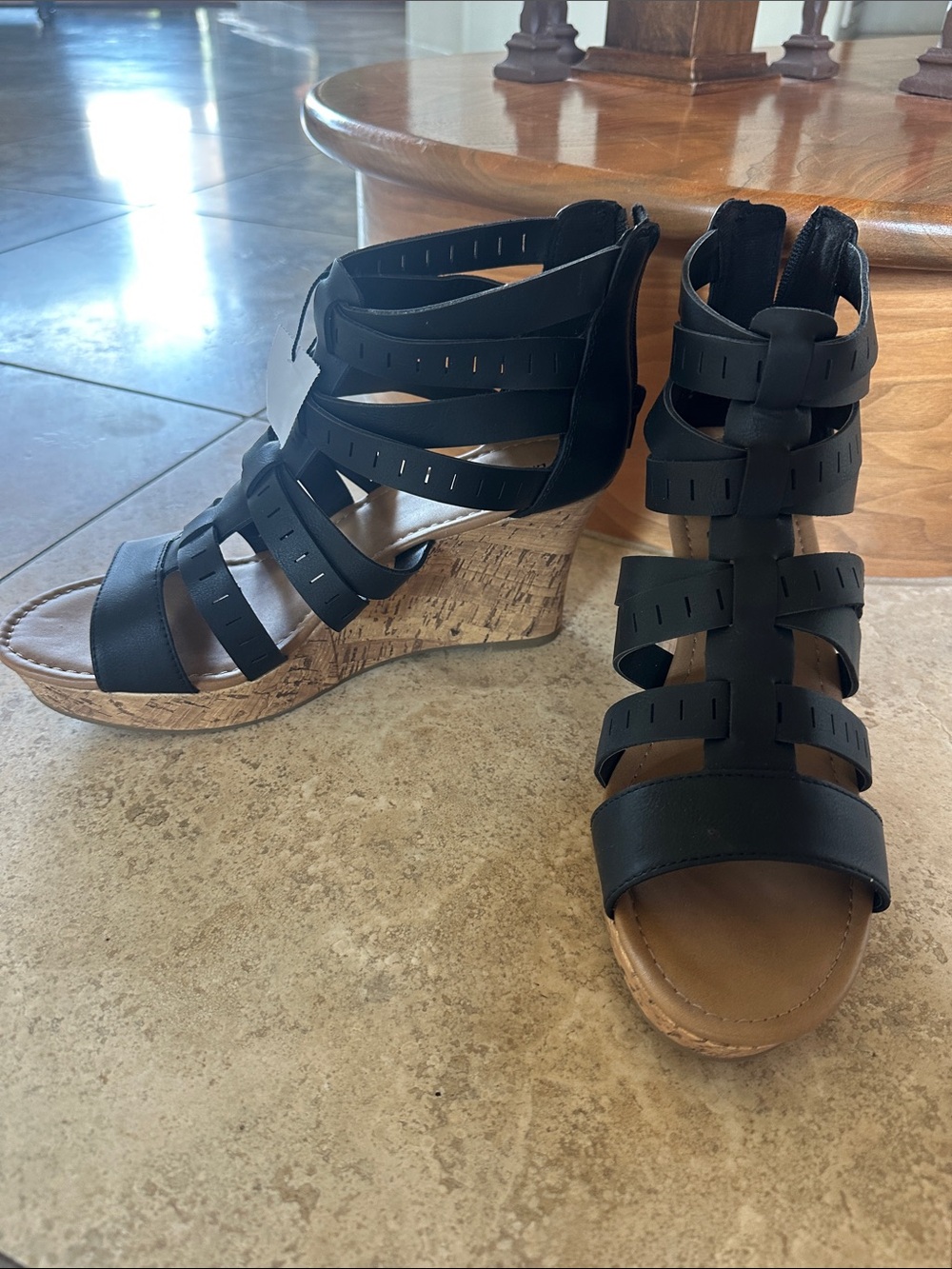 American Eagle Outfitters Black Strappy Cork Wedge Sandals